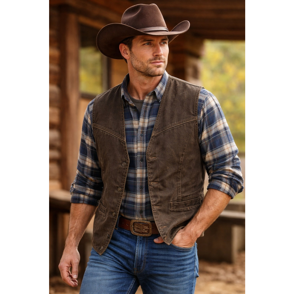 Cripple Creek L Large Faux Leather Snap Vest Flannel Lined Brown Western